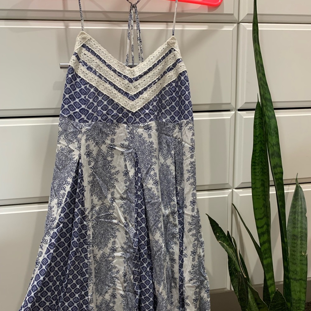 Blue and white lace trimmed spaghetti strap dress